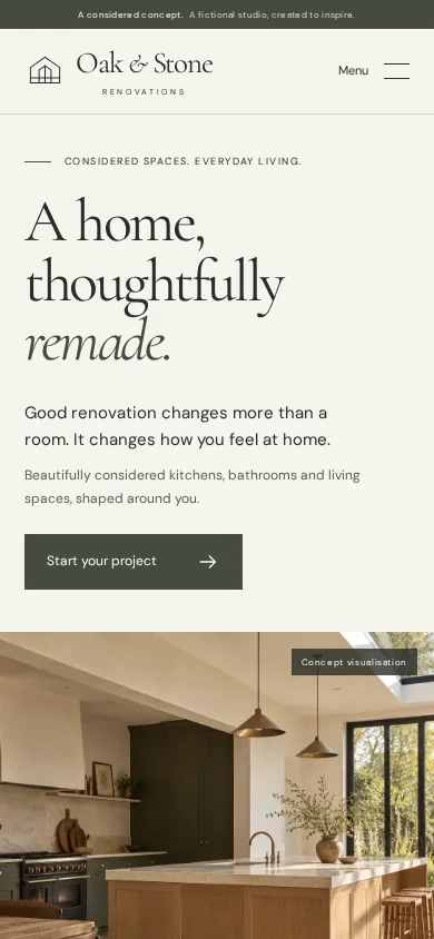 Mobile homepage of the fictional Oak and Stone website